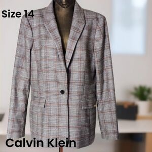Calvin Klein Women's Plaid Menswear-Inspired Classic One Button Blazer Size 14